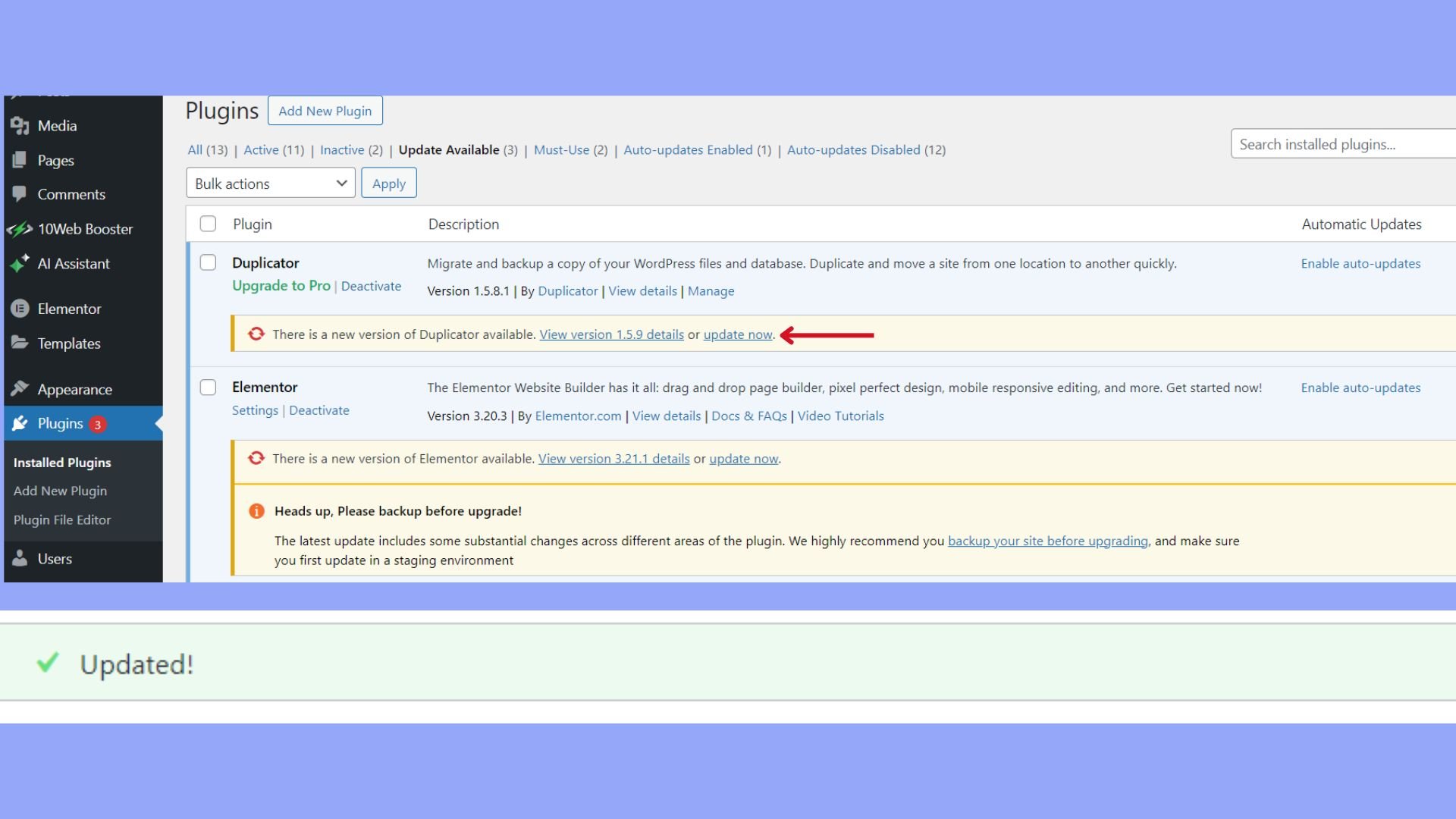 Update plugins from WP dashboard.