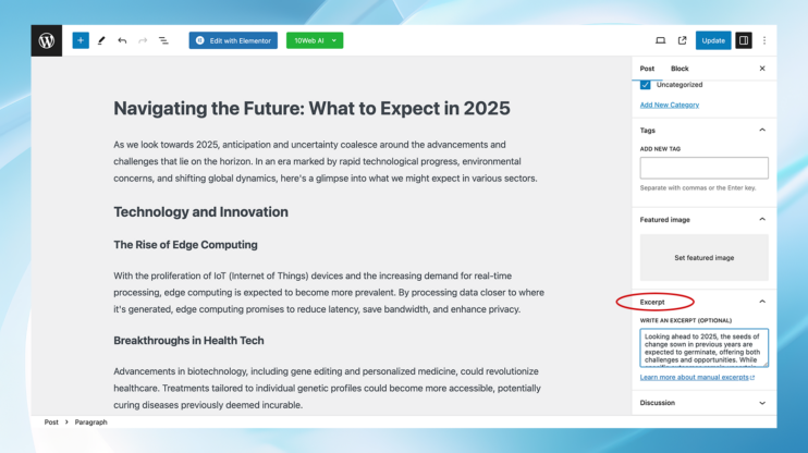 Campo Extracto para escribir un resumen