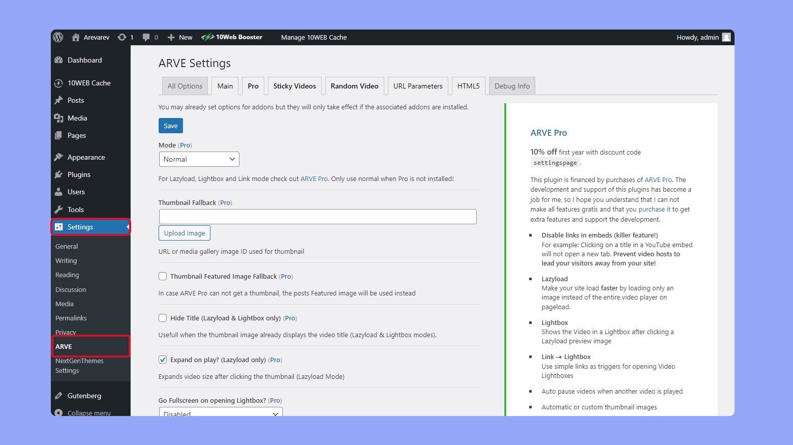 Configuración del plugin ARVE en WordPress.