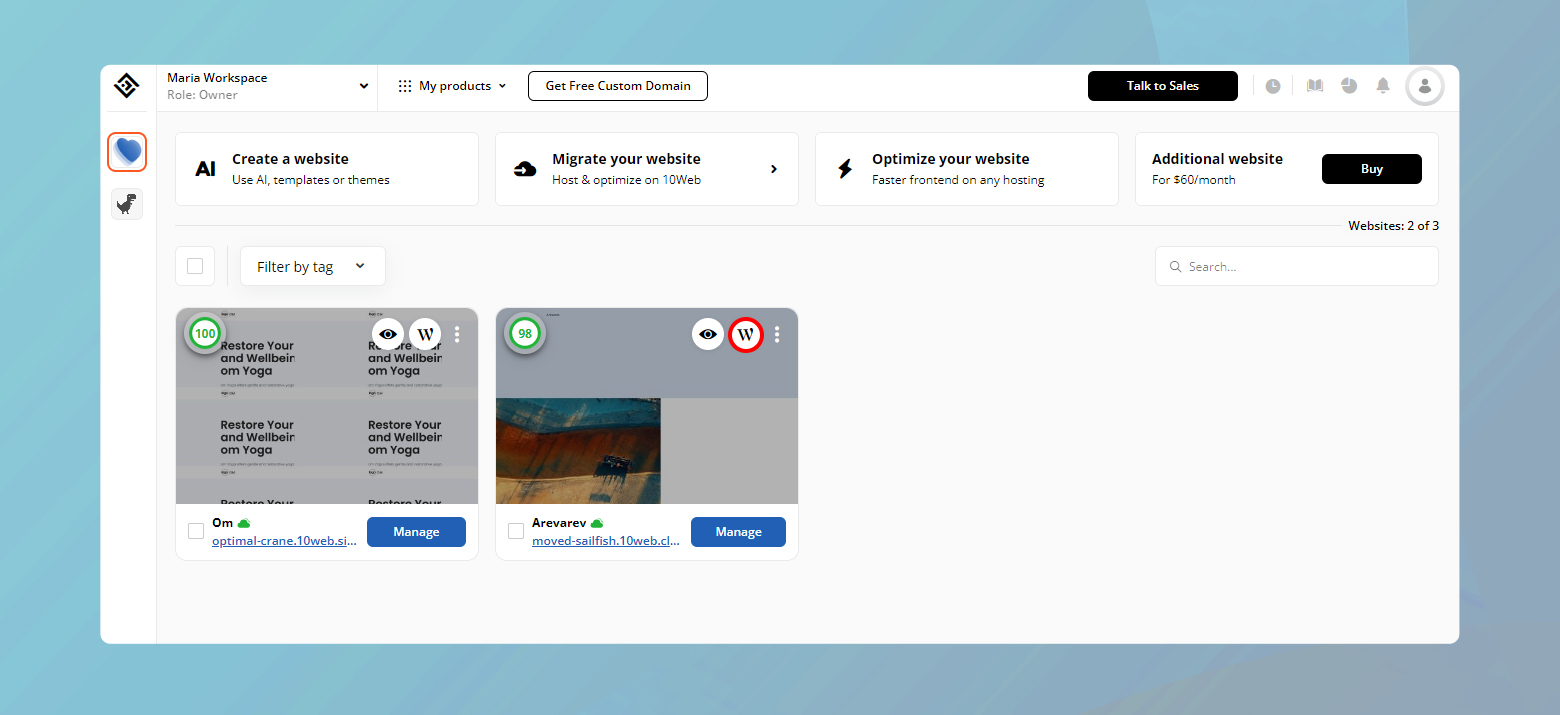 Automatically access your WordPress dashboard from 10Web by clicking the W icon.