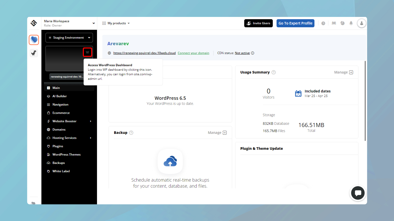 Click on W icon to redirect to your staging WP admin dashboard.