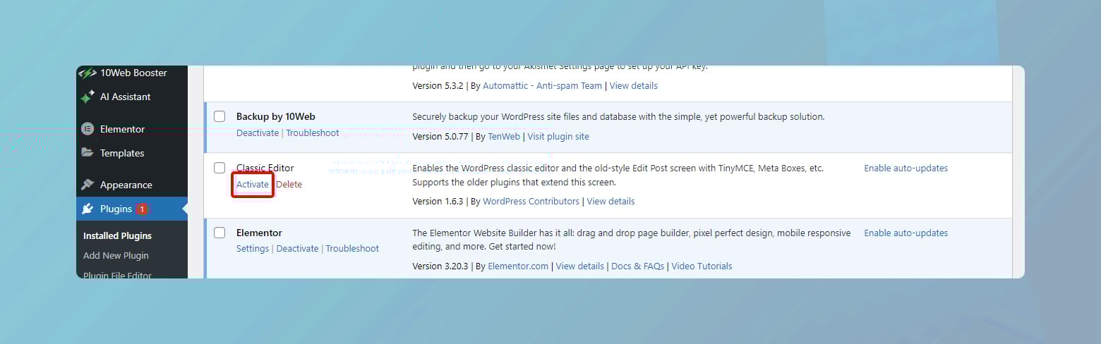 Activating a plugin in the WordPress dashboard.