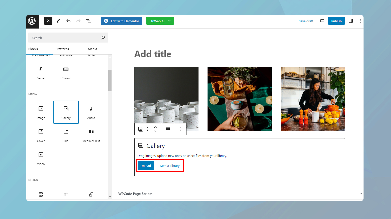 Adding a gallery in Block Editor with upload and media library highlighted.