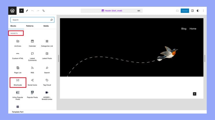 Adding a shortcode with the full-site editor