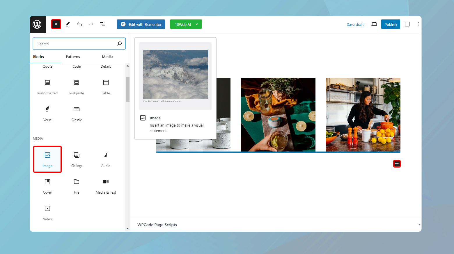 The WordPress Block editor with image block and add icon highlighted.