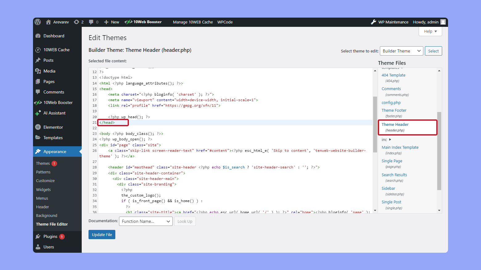 Adding the code snippet manually in WordPress.