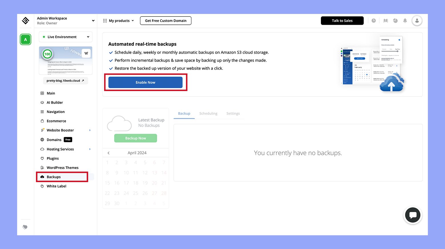 Backing up the WordPress site using 10Web hosting