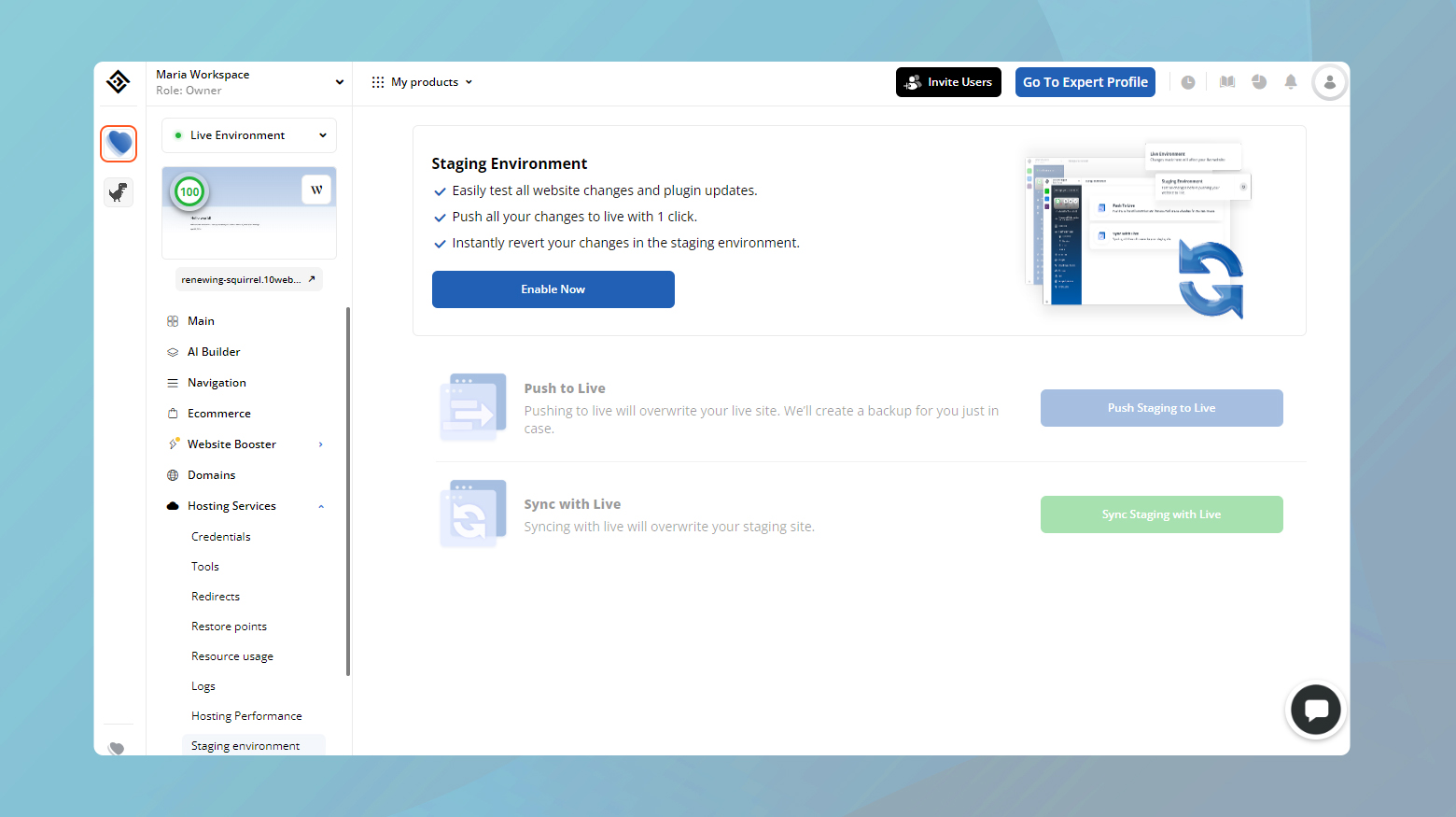 Click on the Enable Now button to enable staging site in 10Web.