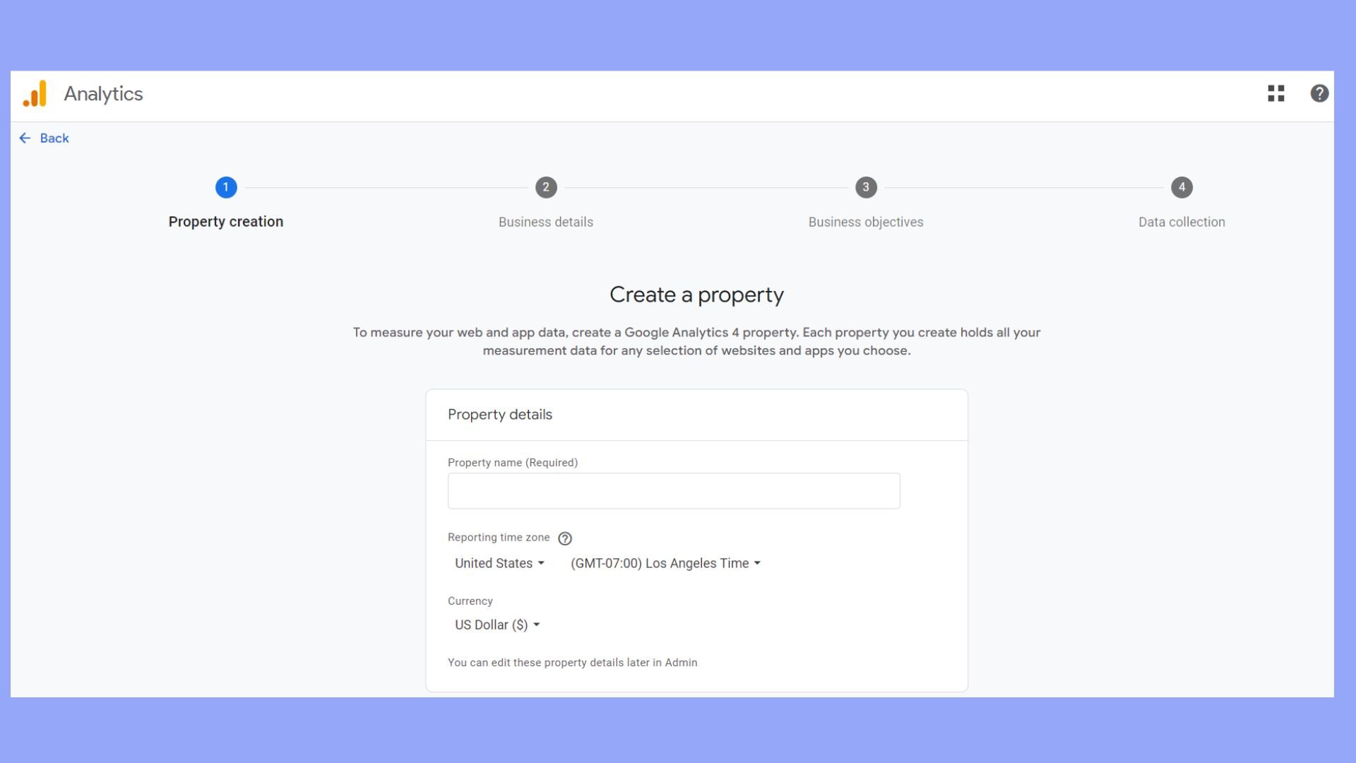 Create a property on Google Analytics