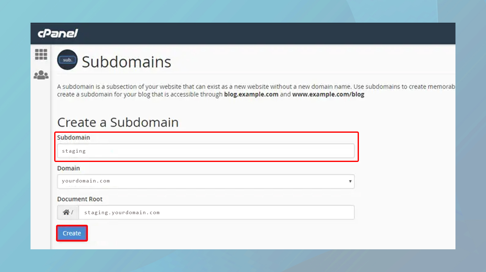 Creating a subdomain in cPanel for staging environment.
