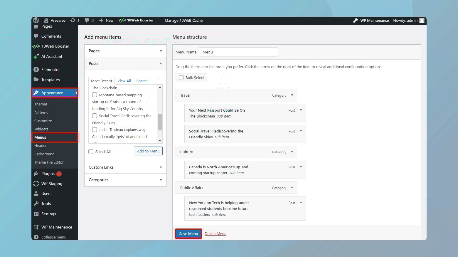 Crear menú con subsecciones en WordPress.