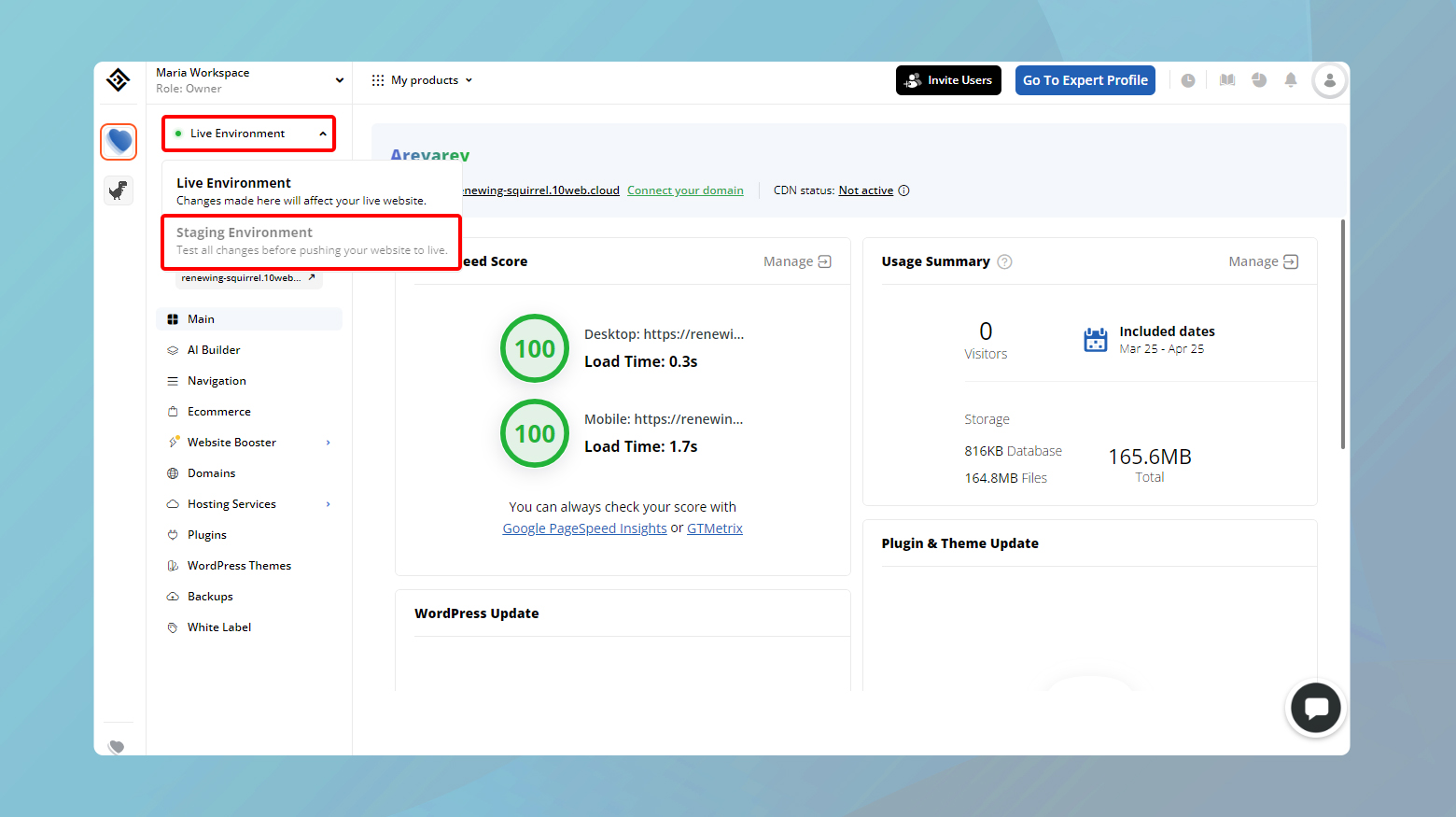 Click on the dropdown menu in your 10Web dashboard to go to staging site.