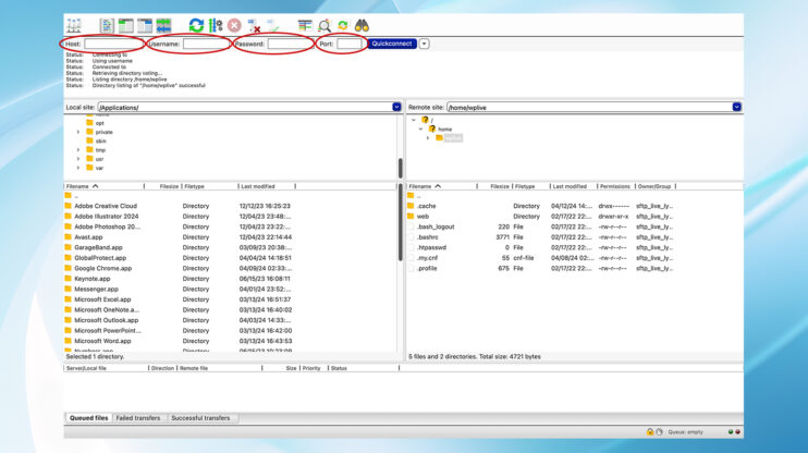Entering credentials in FilaZilla