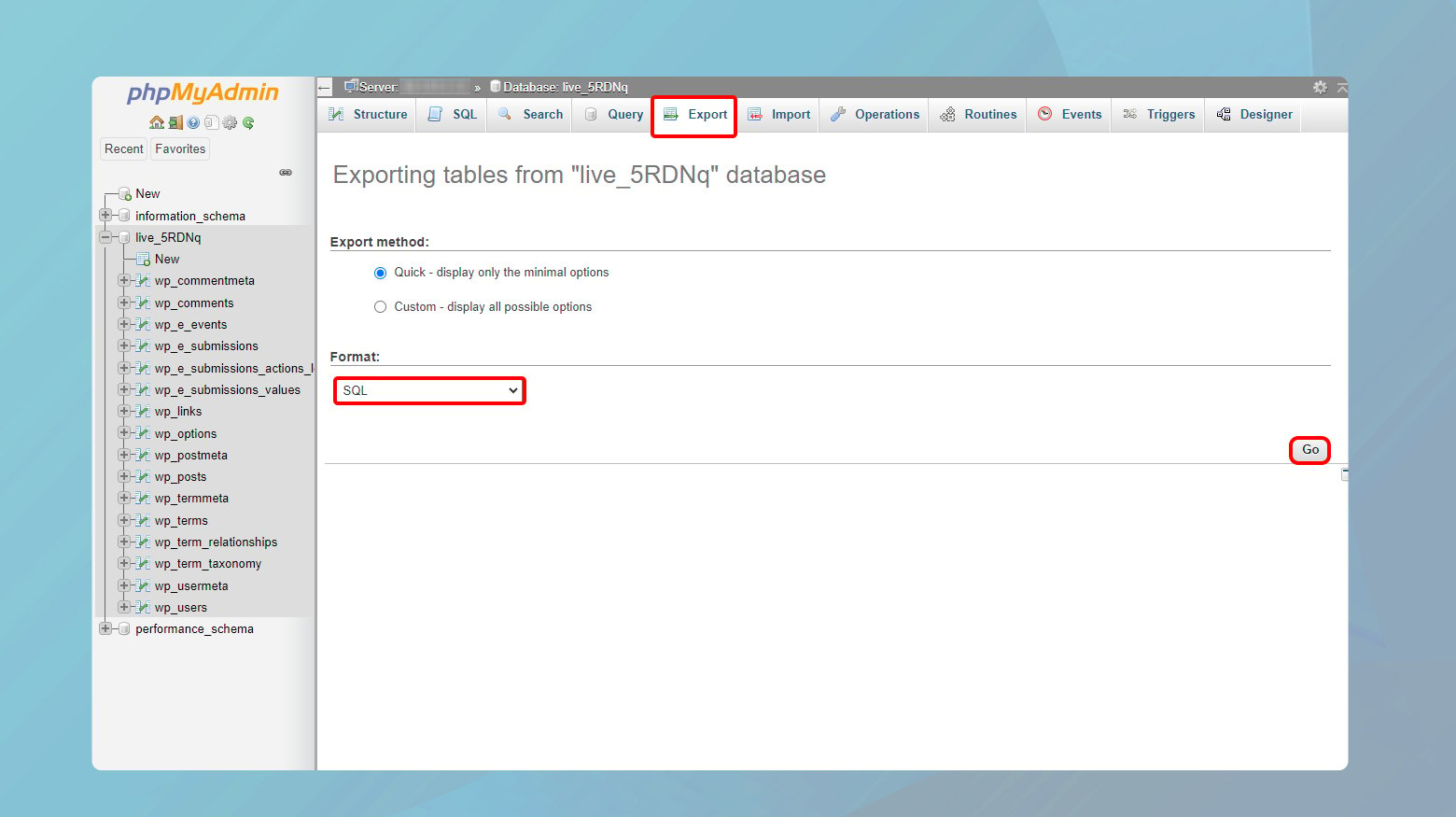 Exporting database from PhpMyAdmin