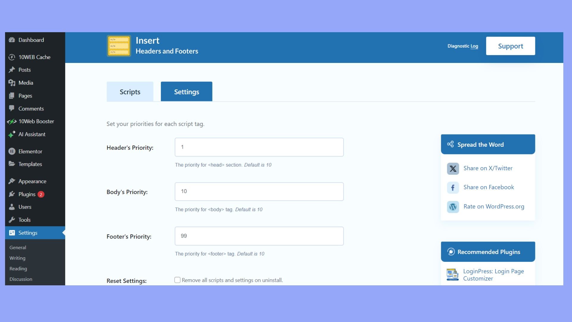 Plugin de encabezados y pies de página