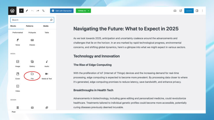 Inserting a file block in the Gutenberg Editor.