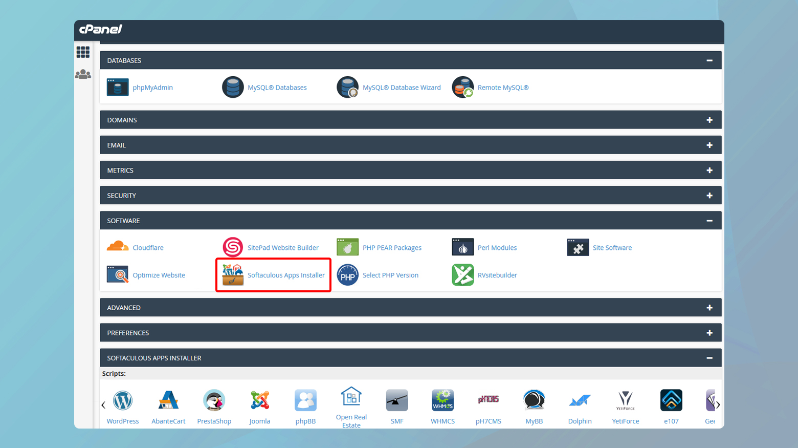 Installing WordPress via cPanel using Softaculous.