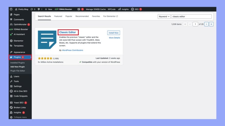 Instalar y activar el plugin Editor clásico.