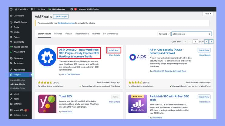 Installing the AIOSEO plugin