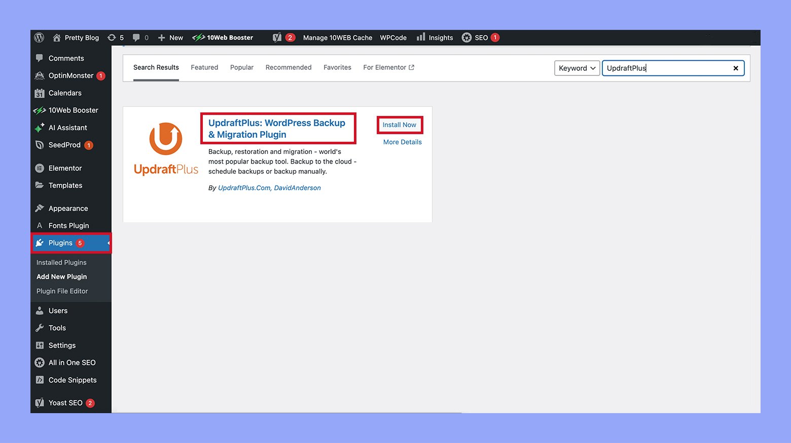 Installing the UpdraftPlus plugin