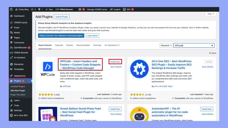 Installing the WPcode plugin