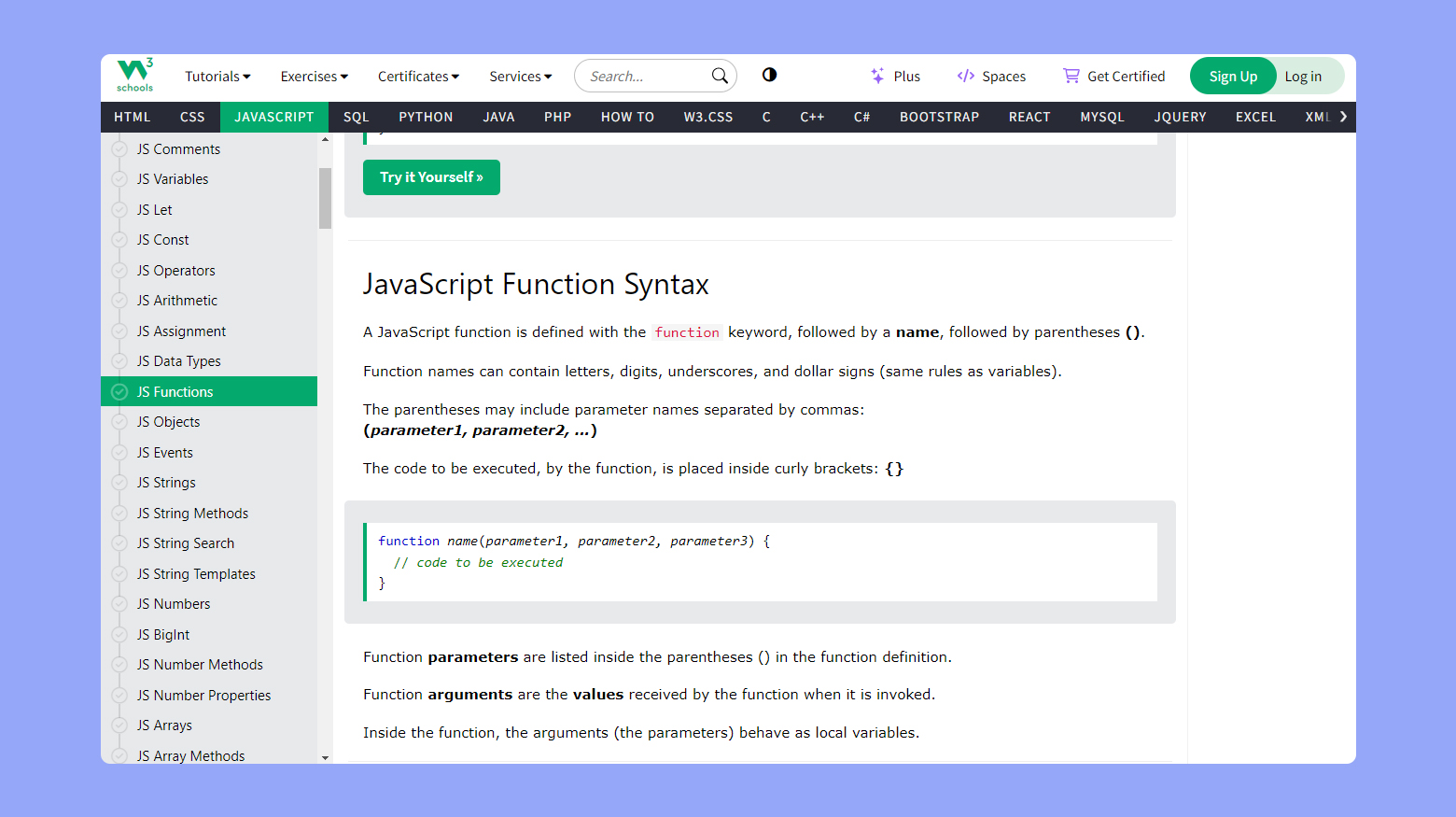 Java Script Functions tutorial in W3 schools.