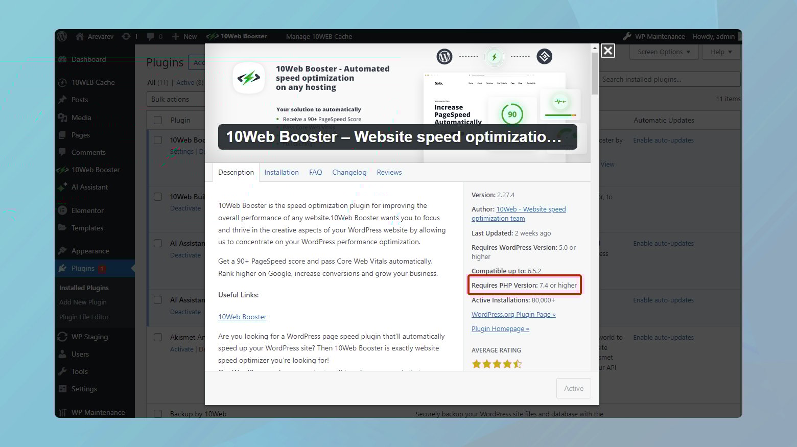 Imagen que muestra la información del plugin 10Web booster con la compatibilidad PHP resaltada.