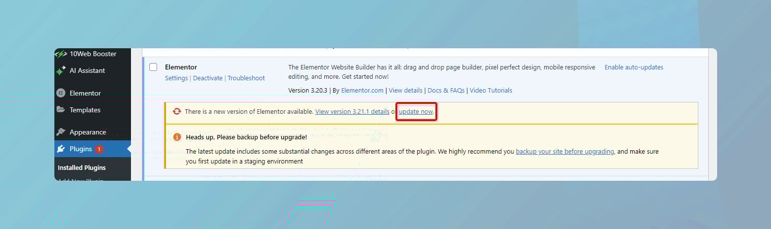Plugin update notification in the WordPress dashboard.