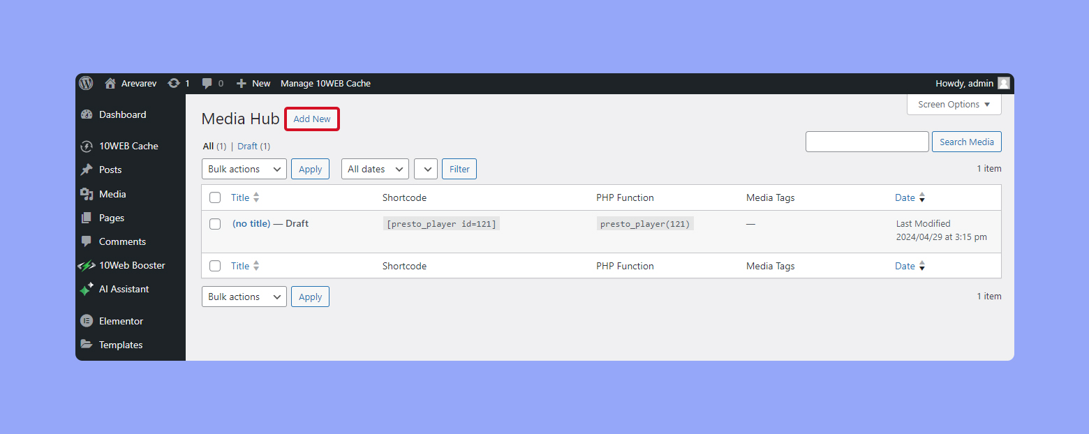 Añadir un nuevo vídeo al centro multimedia Presto Player.  