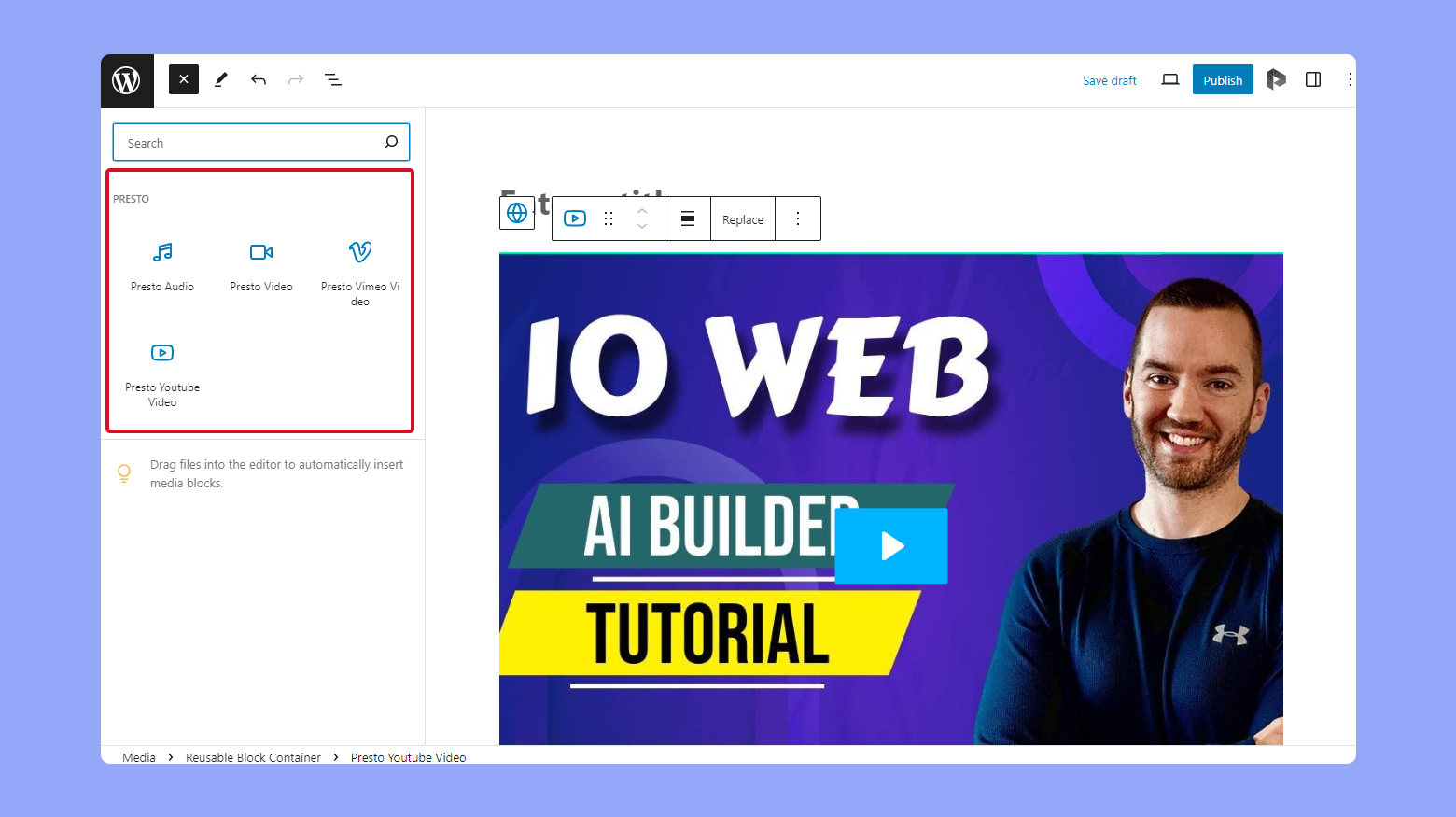 Añadir un vídeo en el Editor de bloques mediante el reproductor Presto.  