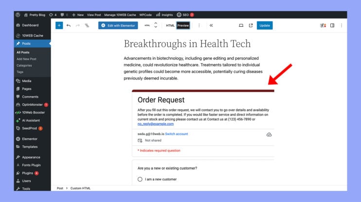 Vista previa del formulario en el editor de bloques