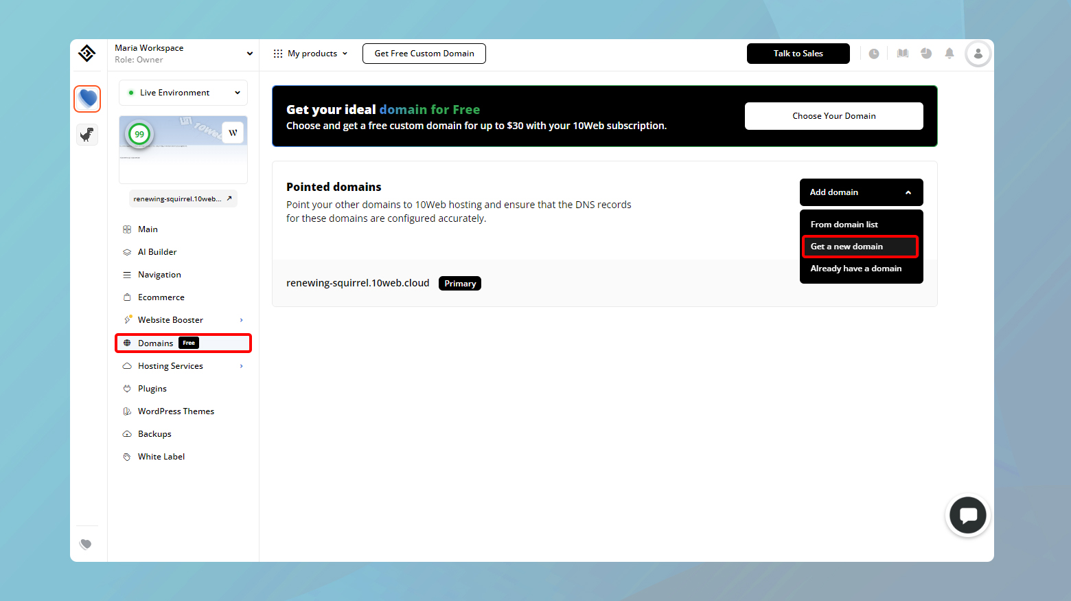 Purchasing a domain from the 10Web dashbaoard.