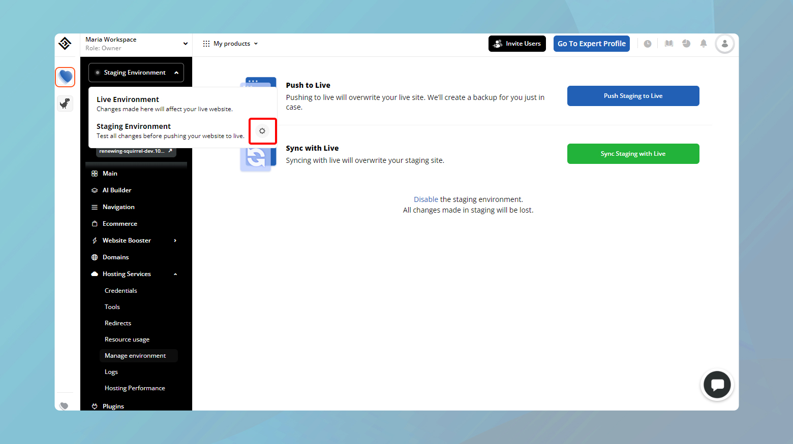 Pushing staging to live or syncing staging with live in the 10Web dashboard.