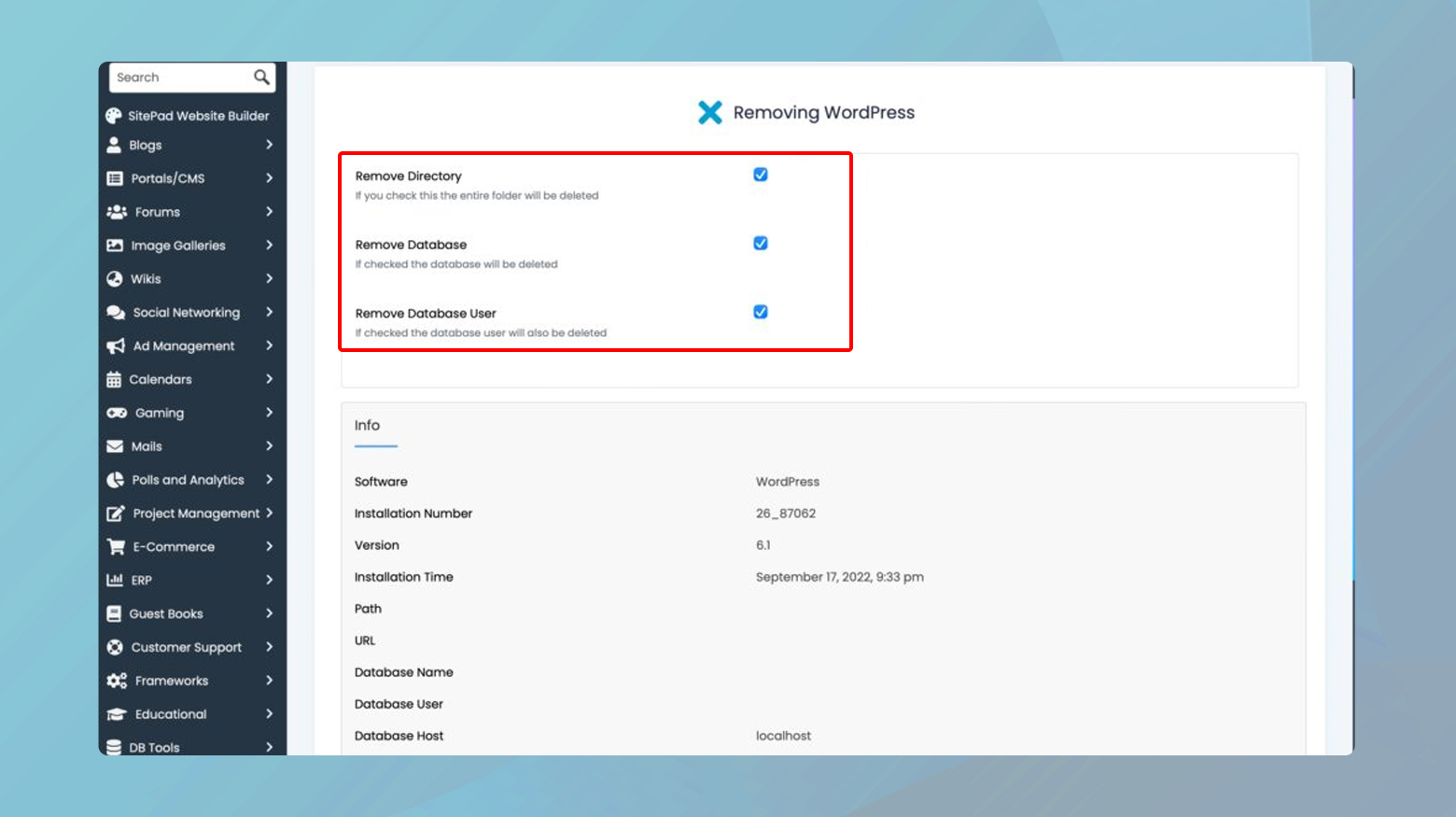 Eliminar el directorio, la base de datos y los usuarios de la base de datos.