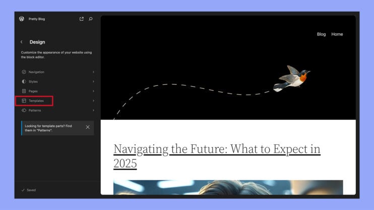 Selecting the template or template part you wish to customize.