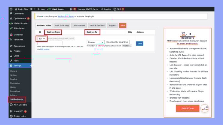 Setting up the 301 Redirects plugin
