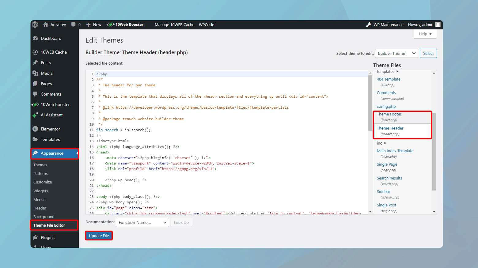 Theme File Editor in WordPress with Header and Footer highlighted.