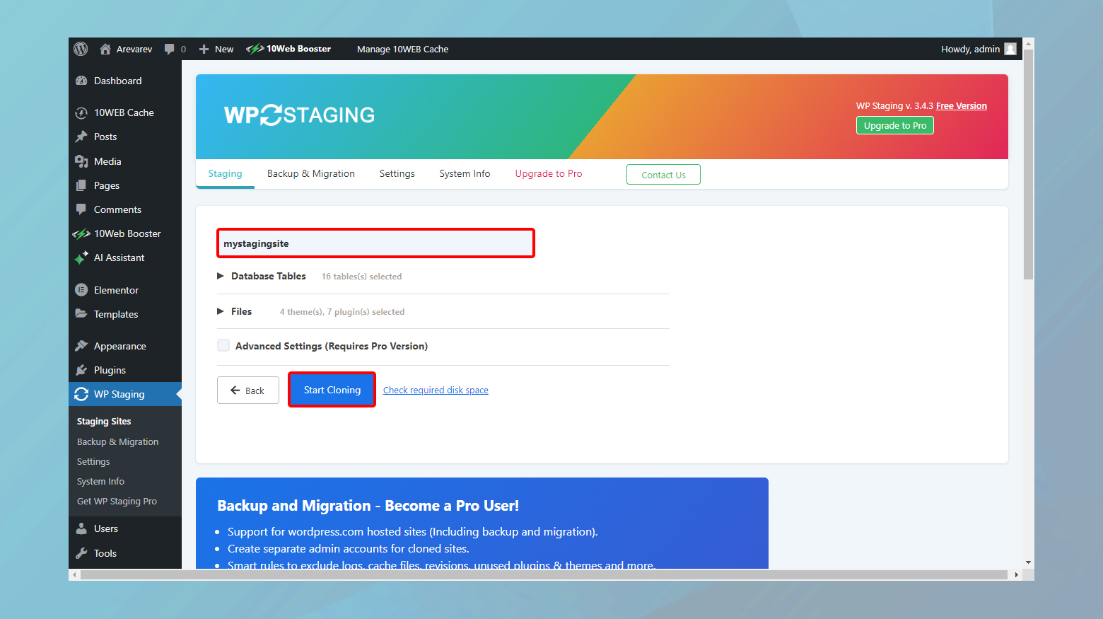 Titling the staging site and cloning it in WP Staging
