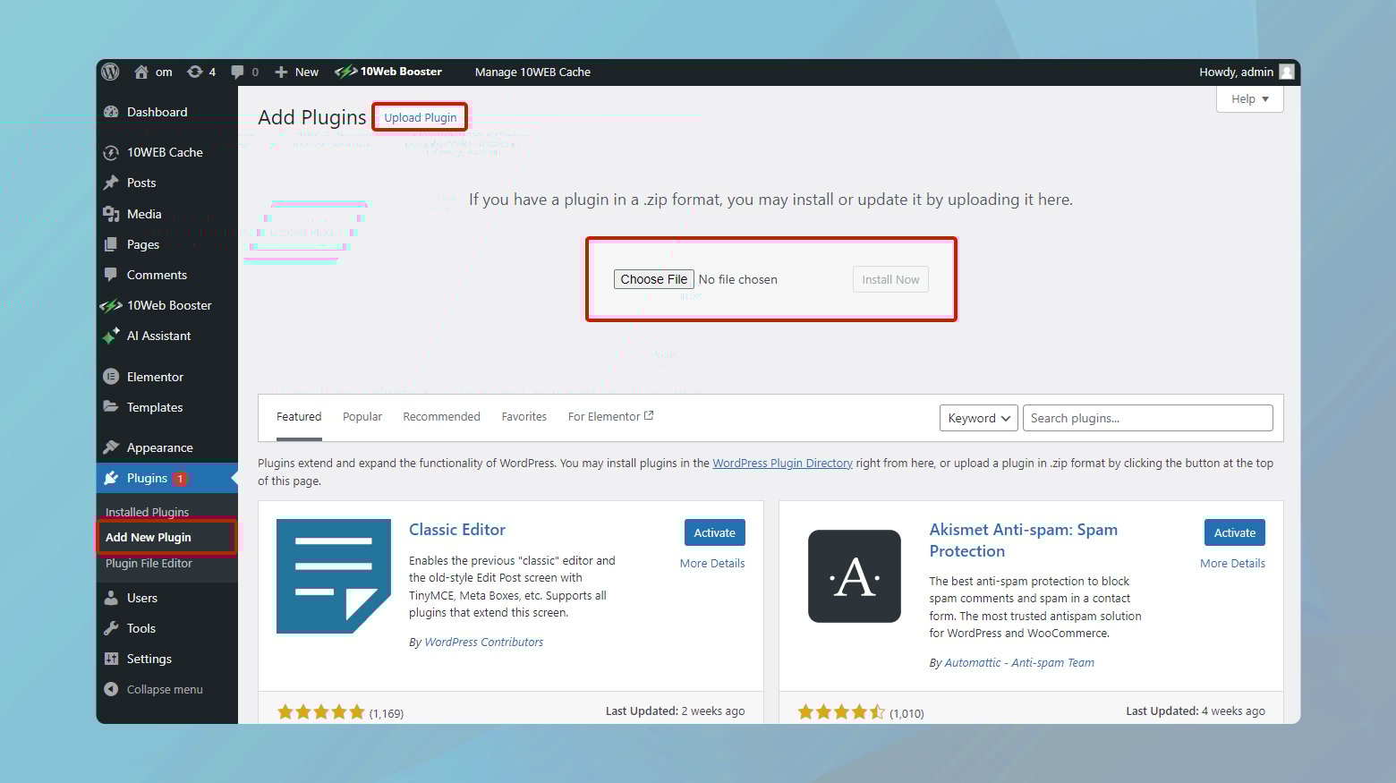 Uploading a plugin zip file in the WordPress dashboard