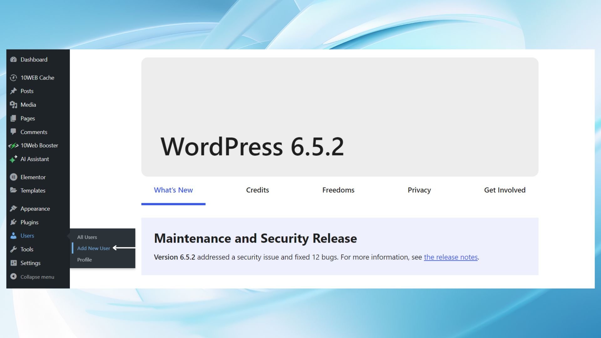 WordPress dashboard