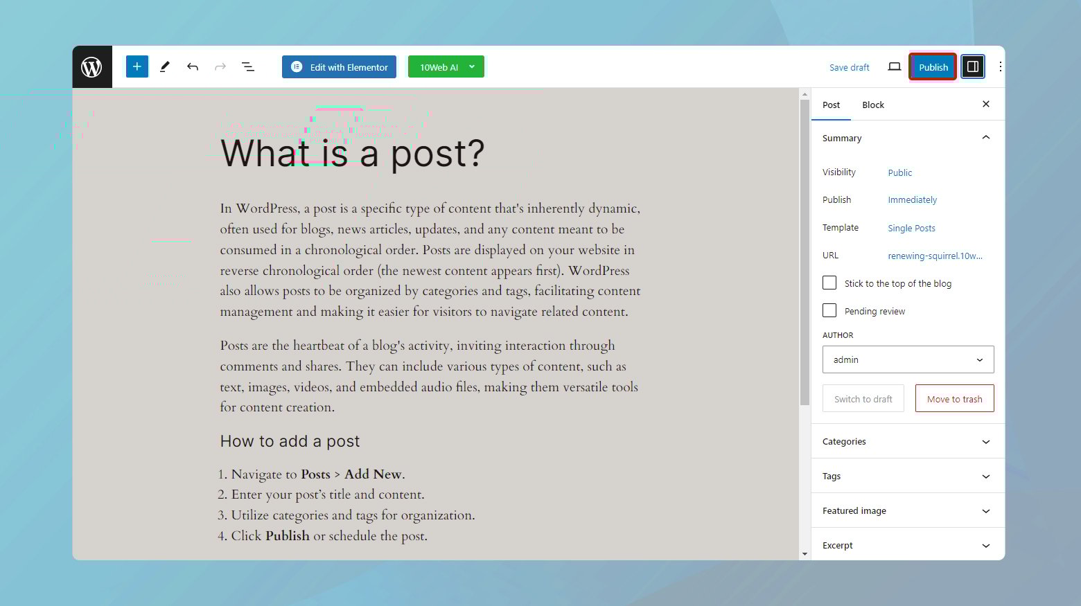 Escribir y publicar un post en WordPress.