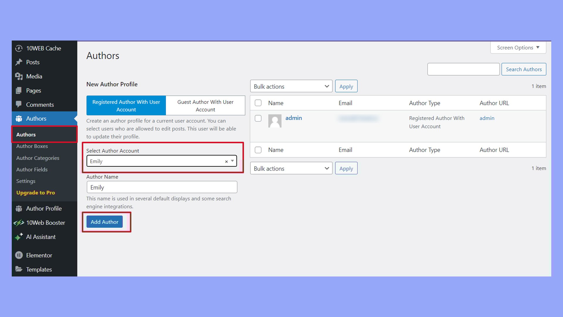 La página Autores, Autores te permite añadir autores a la configuración del plugin.