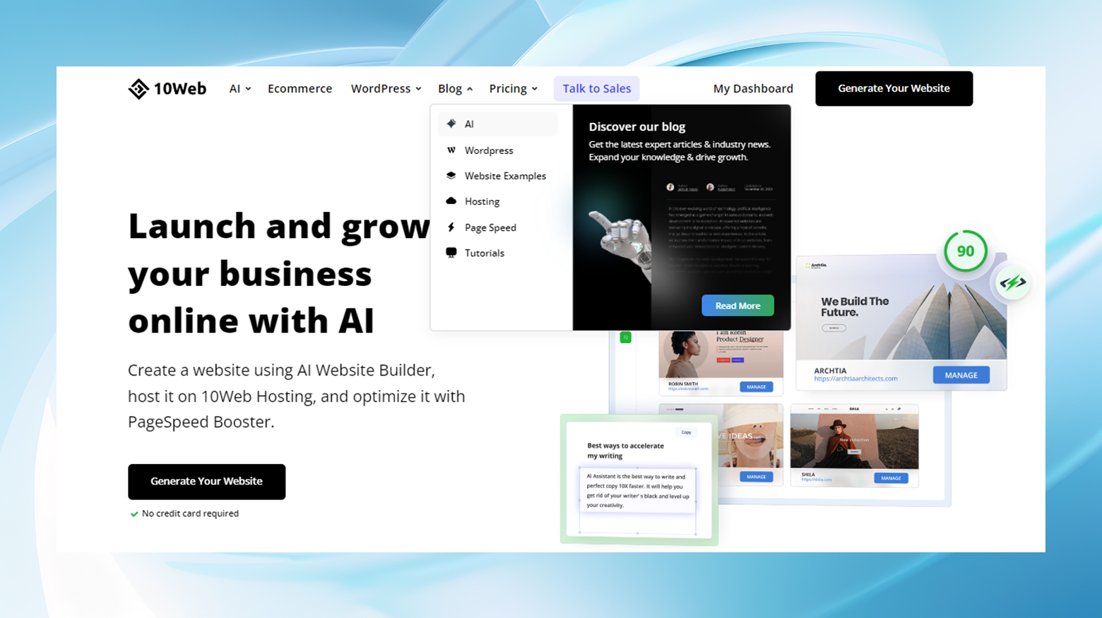 The header navigation at 10web.io showing a dropdown menu that displays different products, services, and a graphic link to the site's blog.