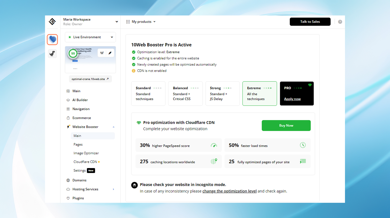 A dropdown menu in the 10Web dashboard organizes navigation for the Website Booster.