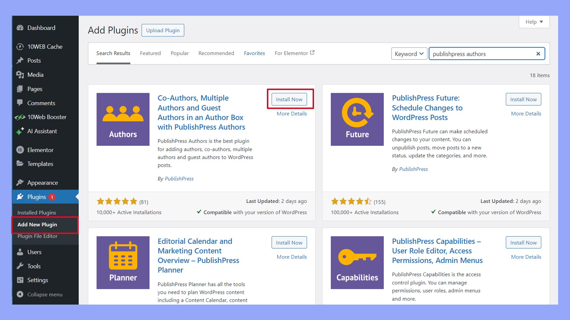 El plugin Autores de PublishPress aparece en la pantalla Plugins, Añadir nuevo plugin.