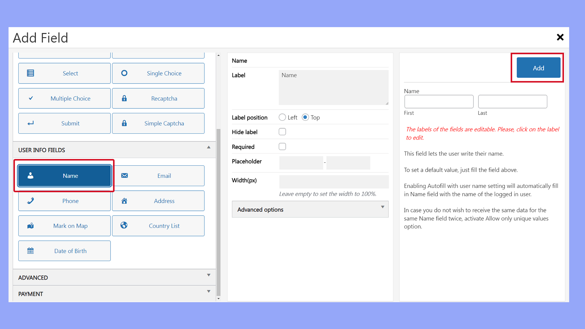 adding the name field in Form Maker's form editor.
