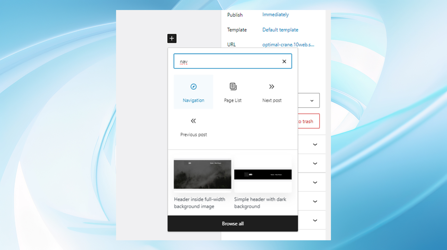 The add block dialog showing the navigation block.