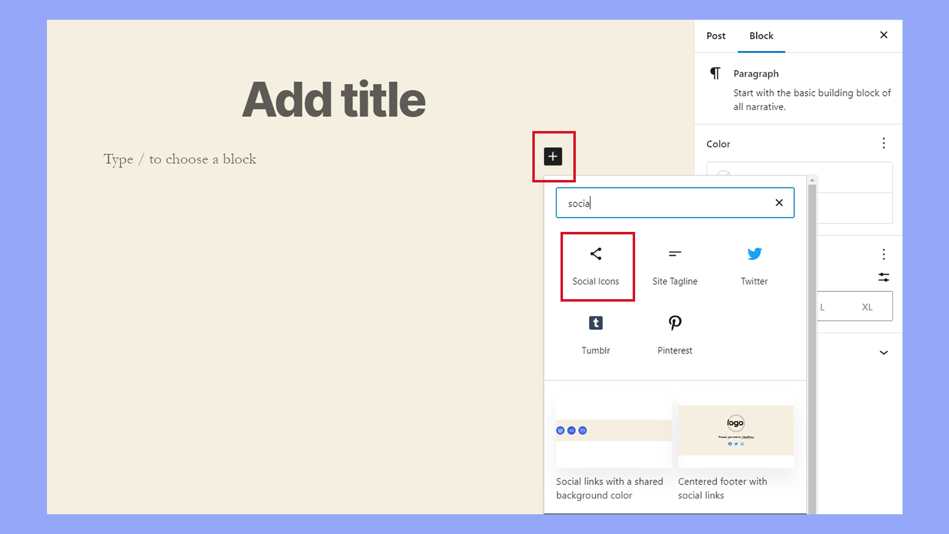 Adding social media icons to a post or page using the block editor.