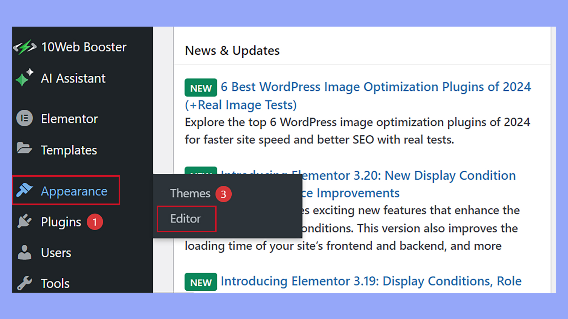 Opening a block theme's site editor to add a social media icon to WordPress.