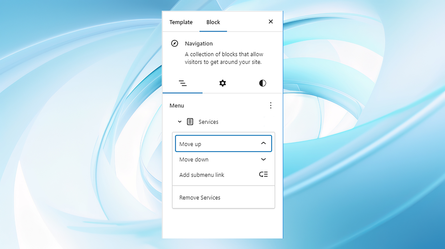 The add submenu link in the navigation block's menu tab.